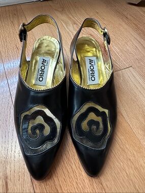 Black and Gold Pointed Slingback Heels